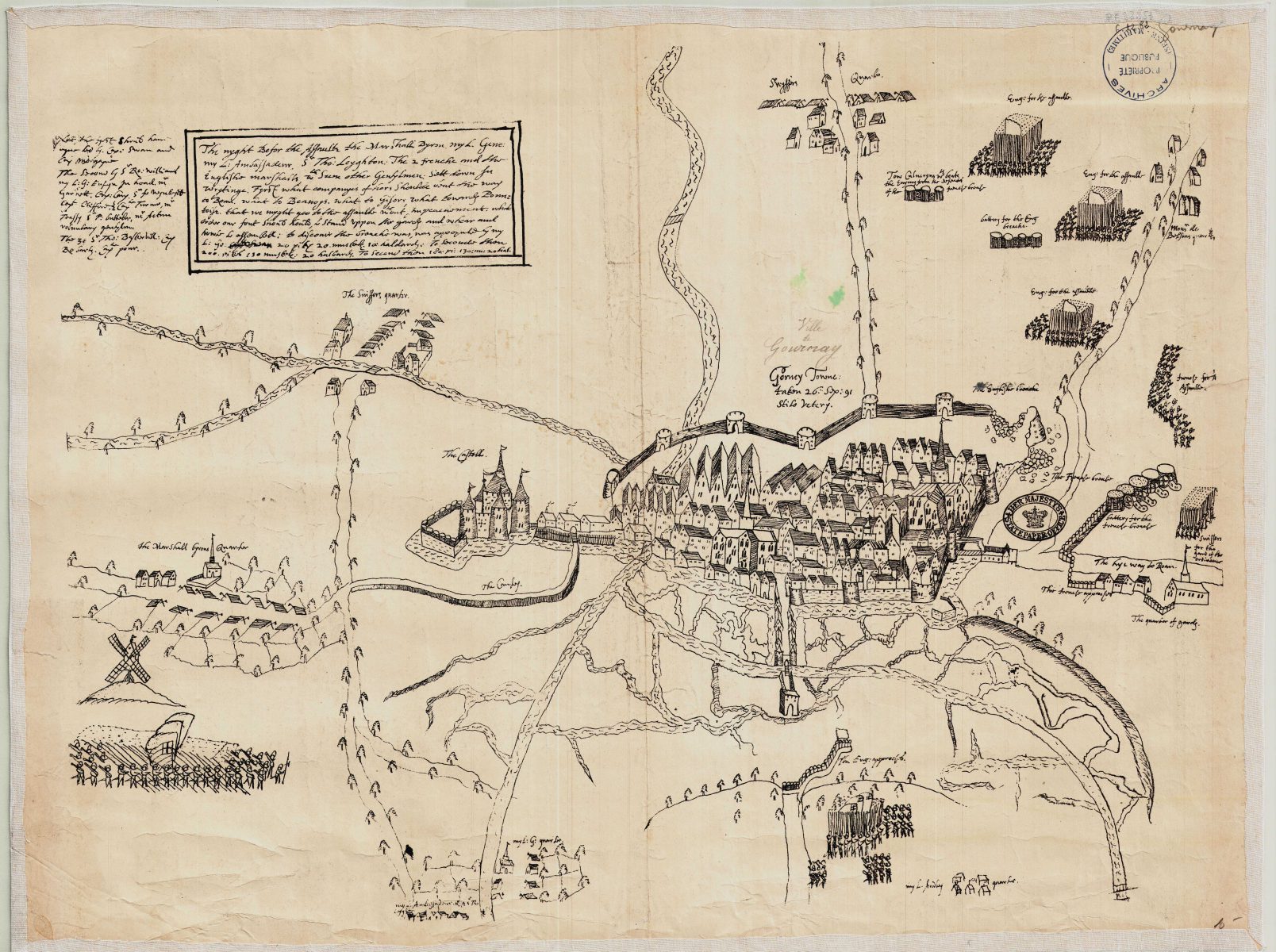 Siège et assaut de la ville de Gournay-en-Bray, plan à la plume sur papier entoilé