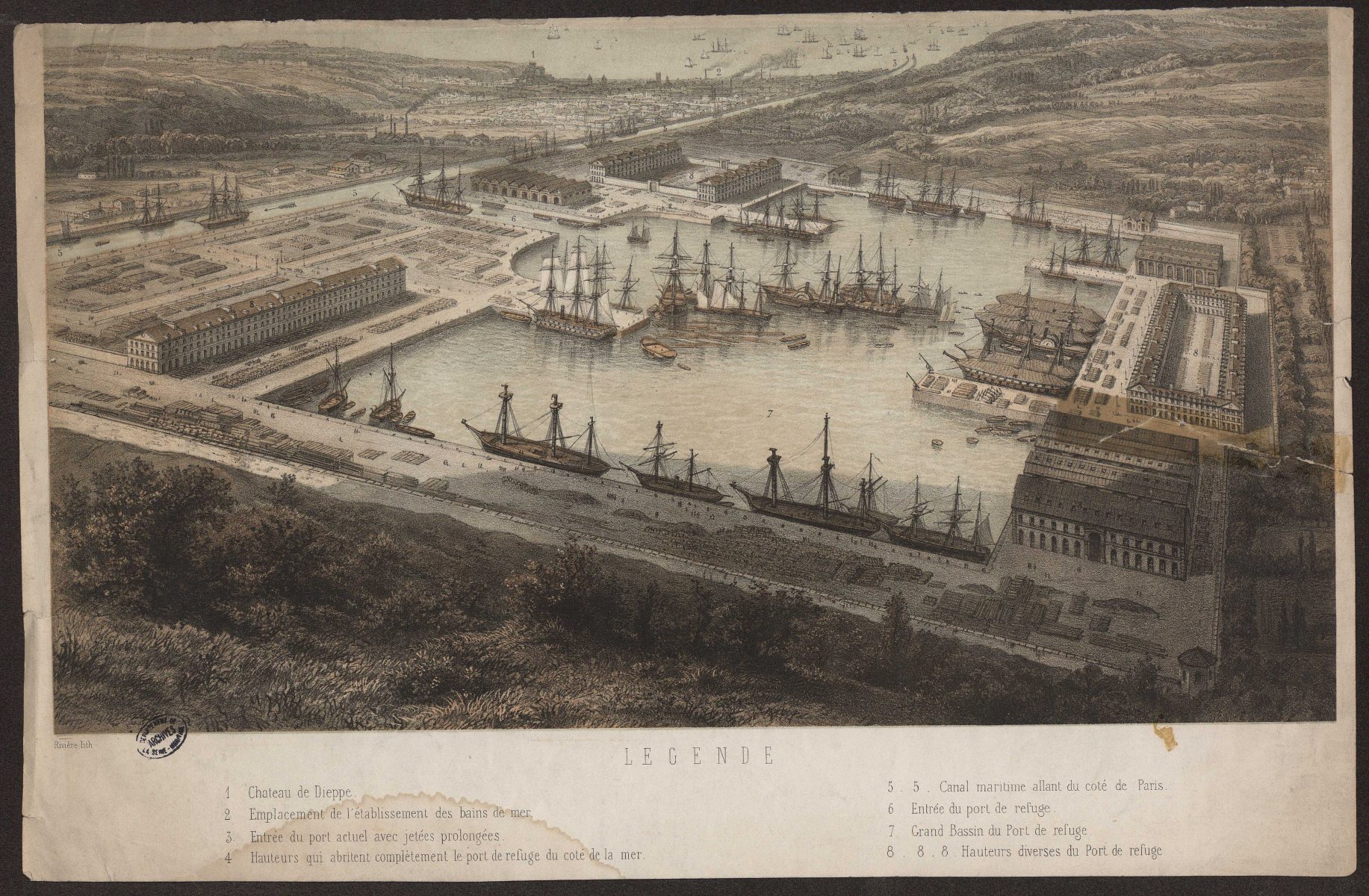 Extension project for the port of Dieppe, with the creation of a port of refuge. Colour  lithography by Rivière