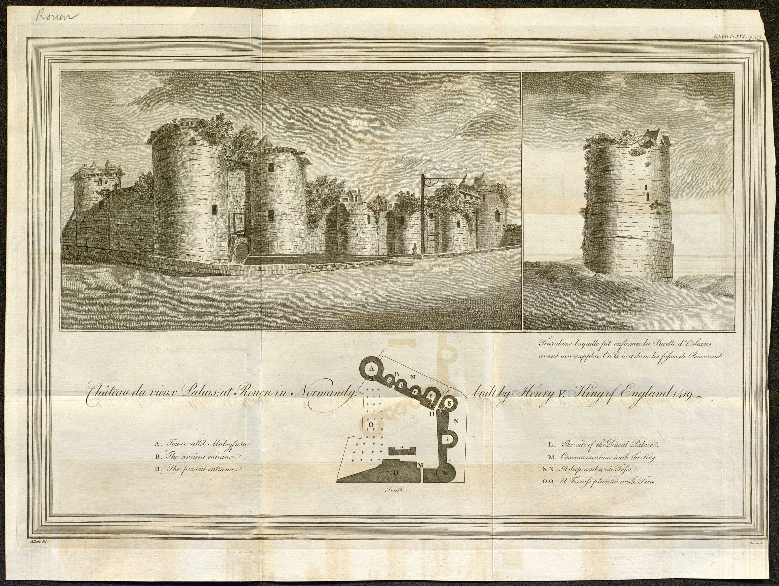 “Château du Vieux Palais at Rouen in Normandy”, engraving by James Basire from a drawing by Louis-Jean Allais