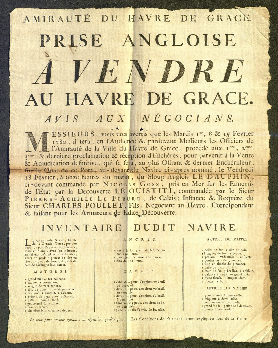 Affiche de vente aux enchères du bateau anglais le Dauphin