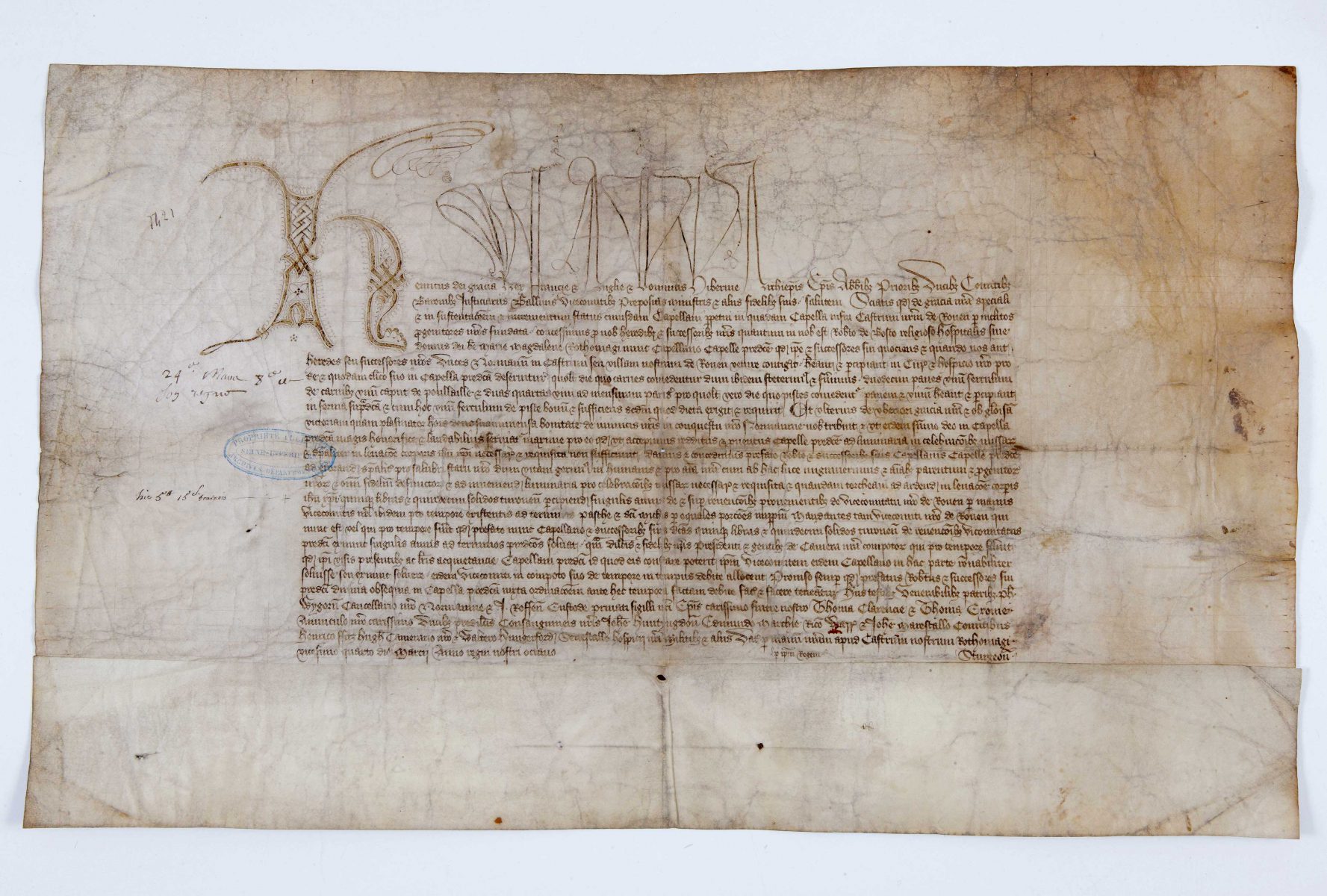 Charte d’Henri V accordant une rente au chapelain du château de Rouen, en remerciement de sa « glorieuse victoire »