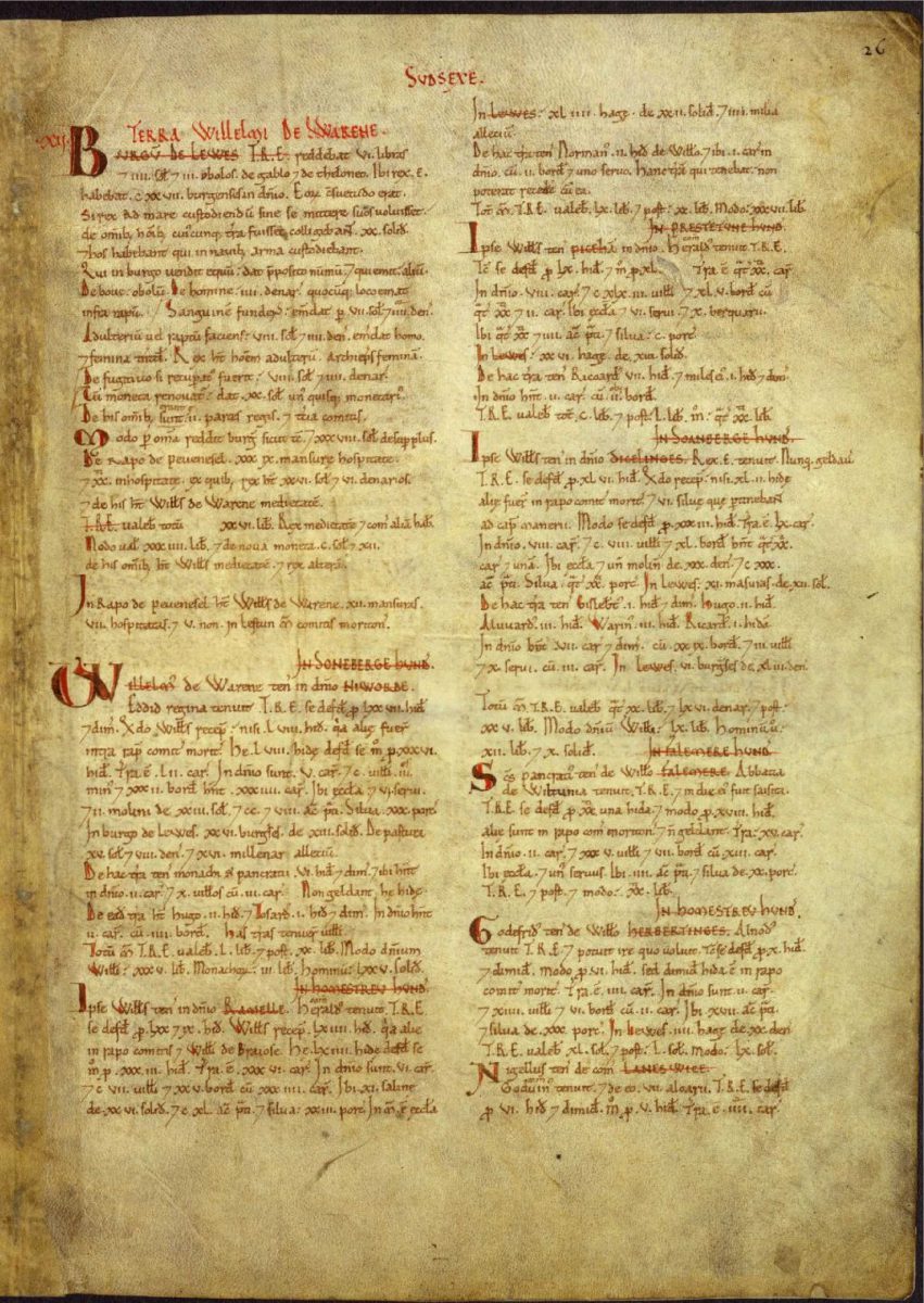 Page du Domesday book, recensement des terres effectués par Guillaume le Conquérant