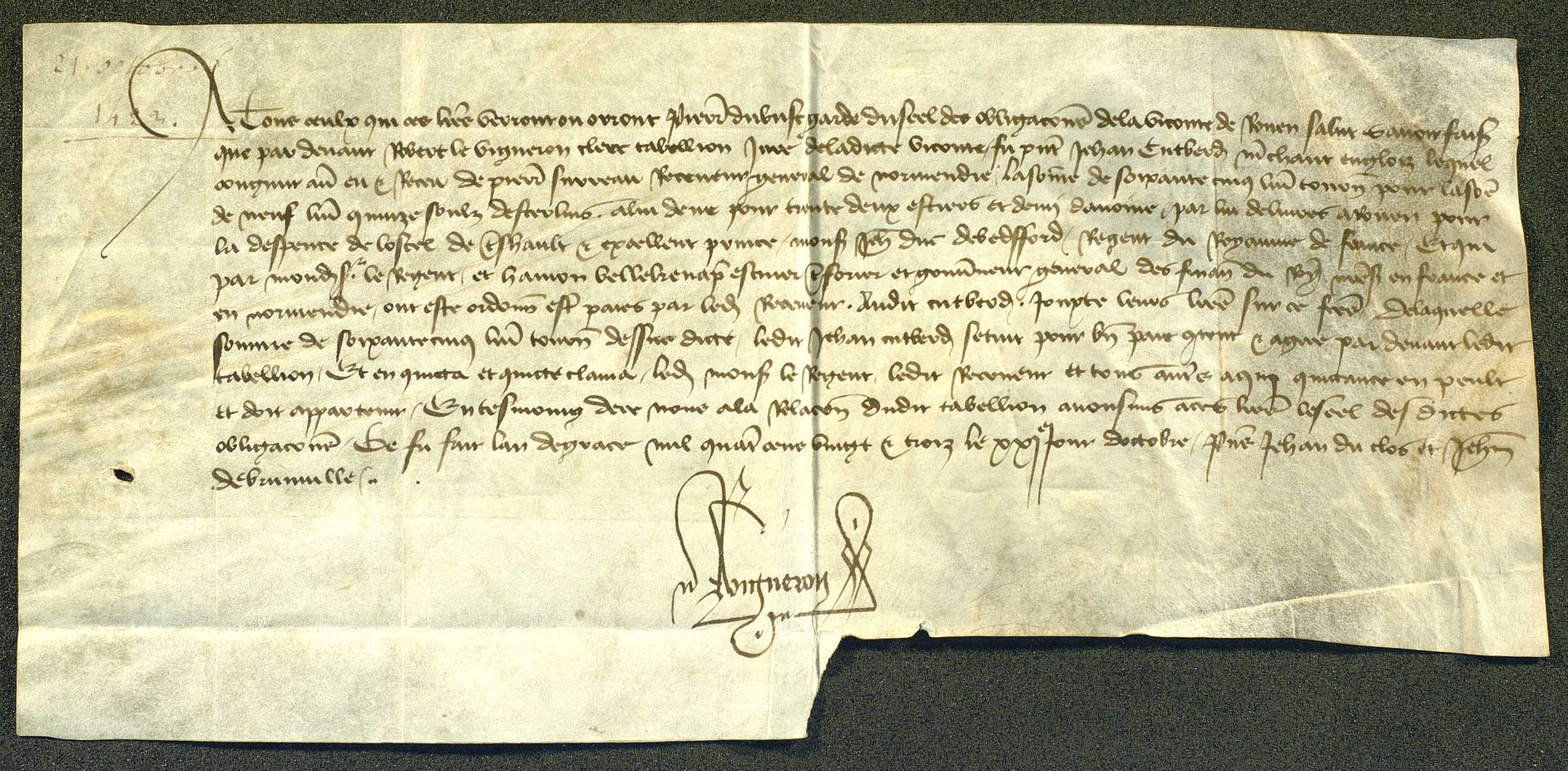 Quittance de paiement à John Cutberd marchand anglais, par Pierre Surreau receveur général de Normandie, pour la livraison d’avoine