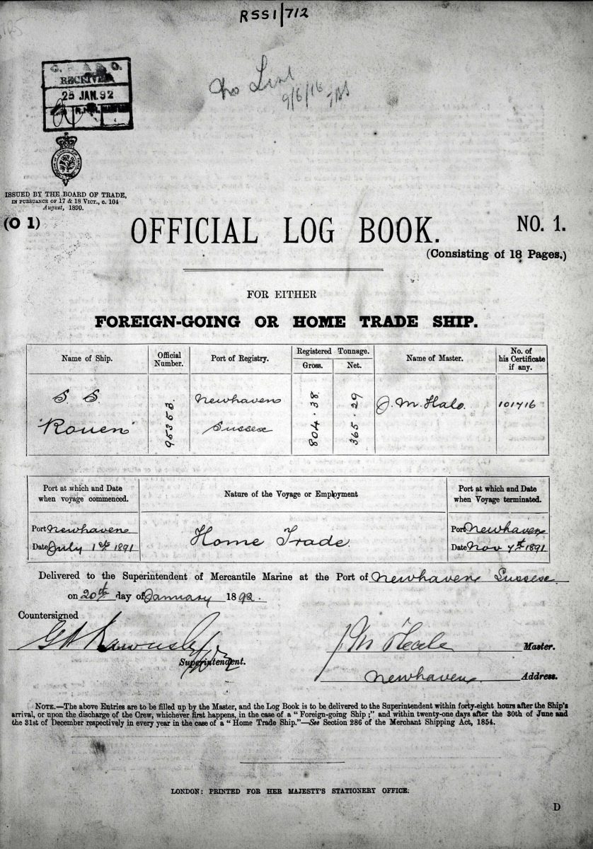 Official log book for the SS Rouen of Newhaven