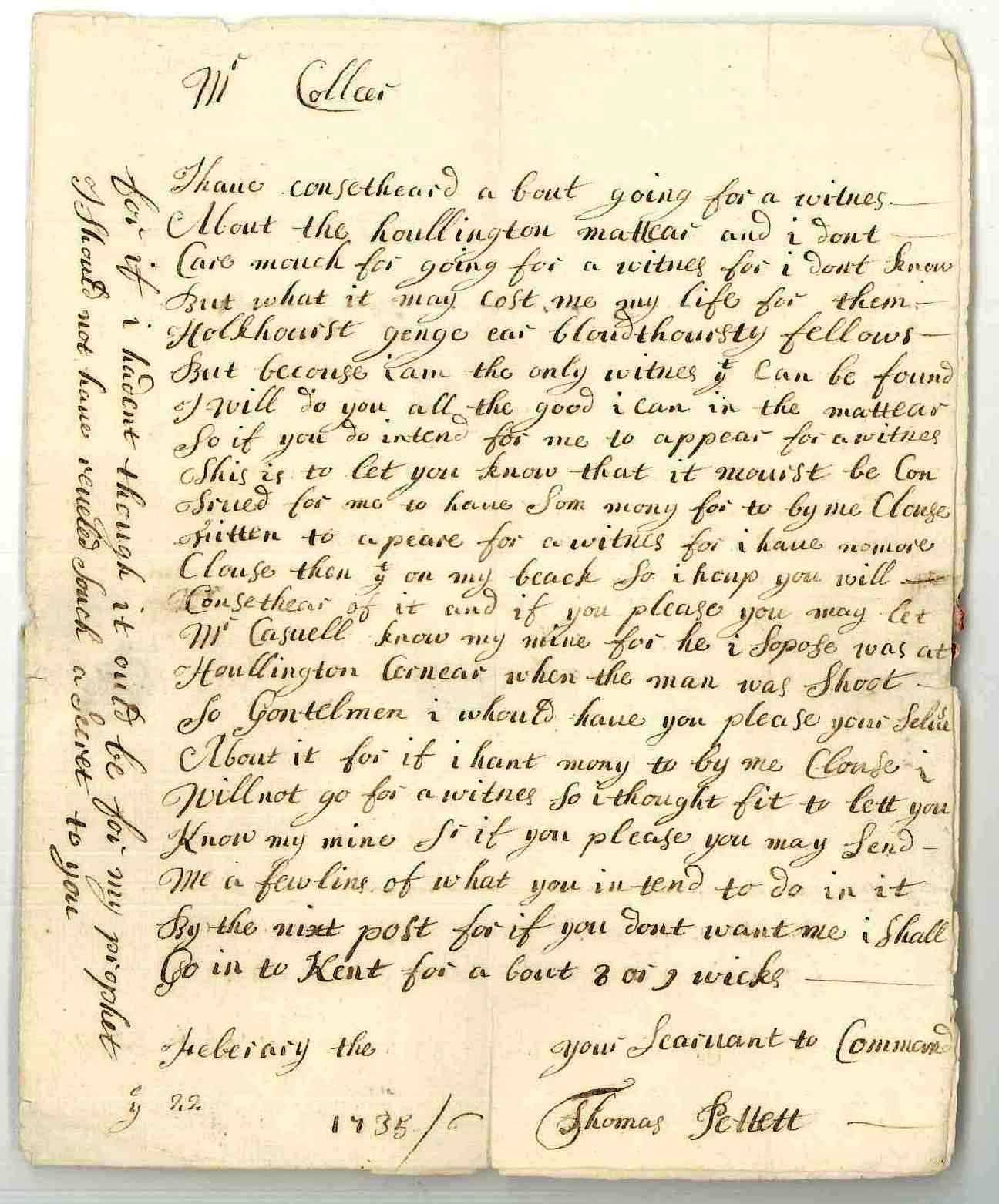 Lettre de Thomas Pettet à John Collier