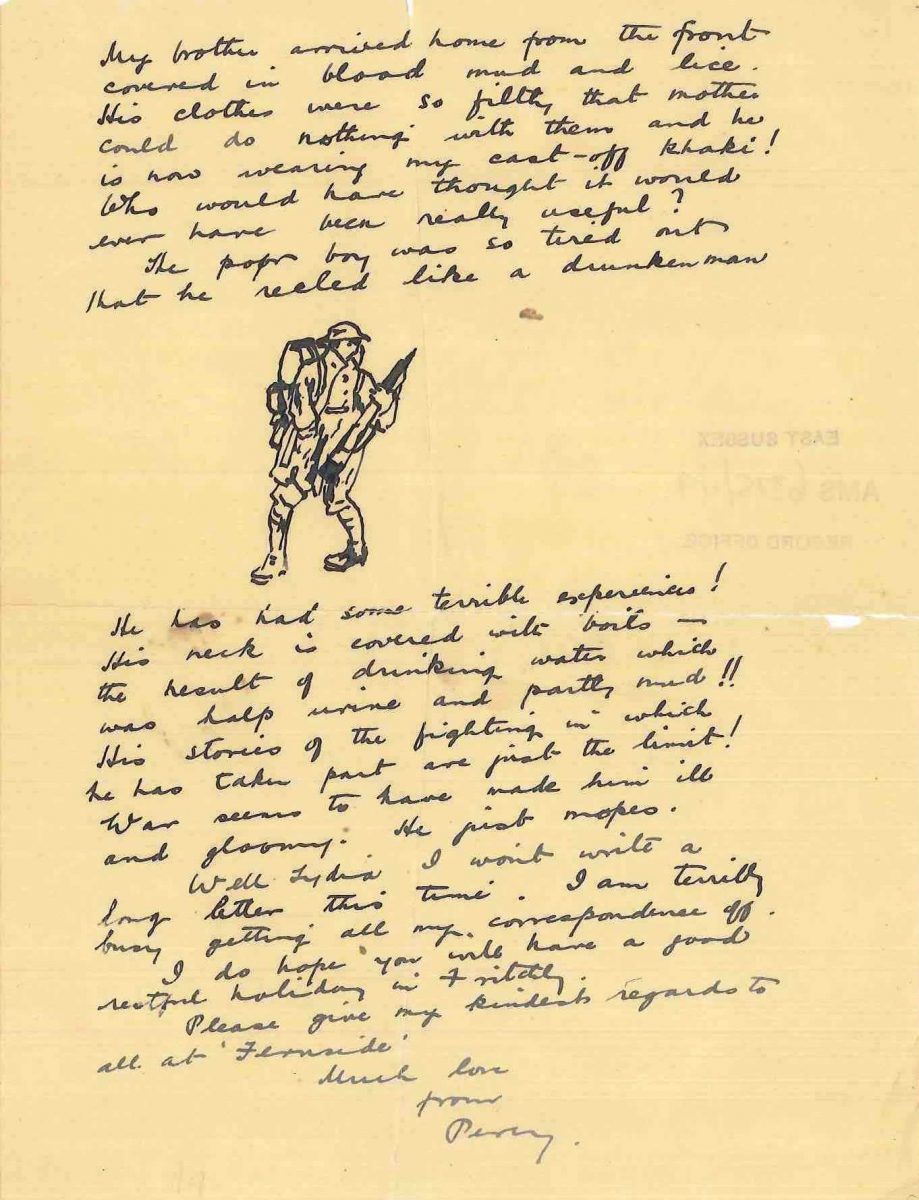 An illustrated letter from Percy Horton to [Lydia Sargent Smith] describing the physical and emotional state of Harry Horton on his return from war