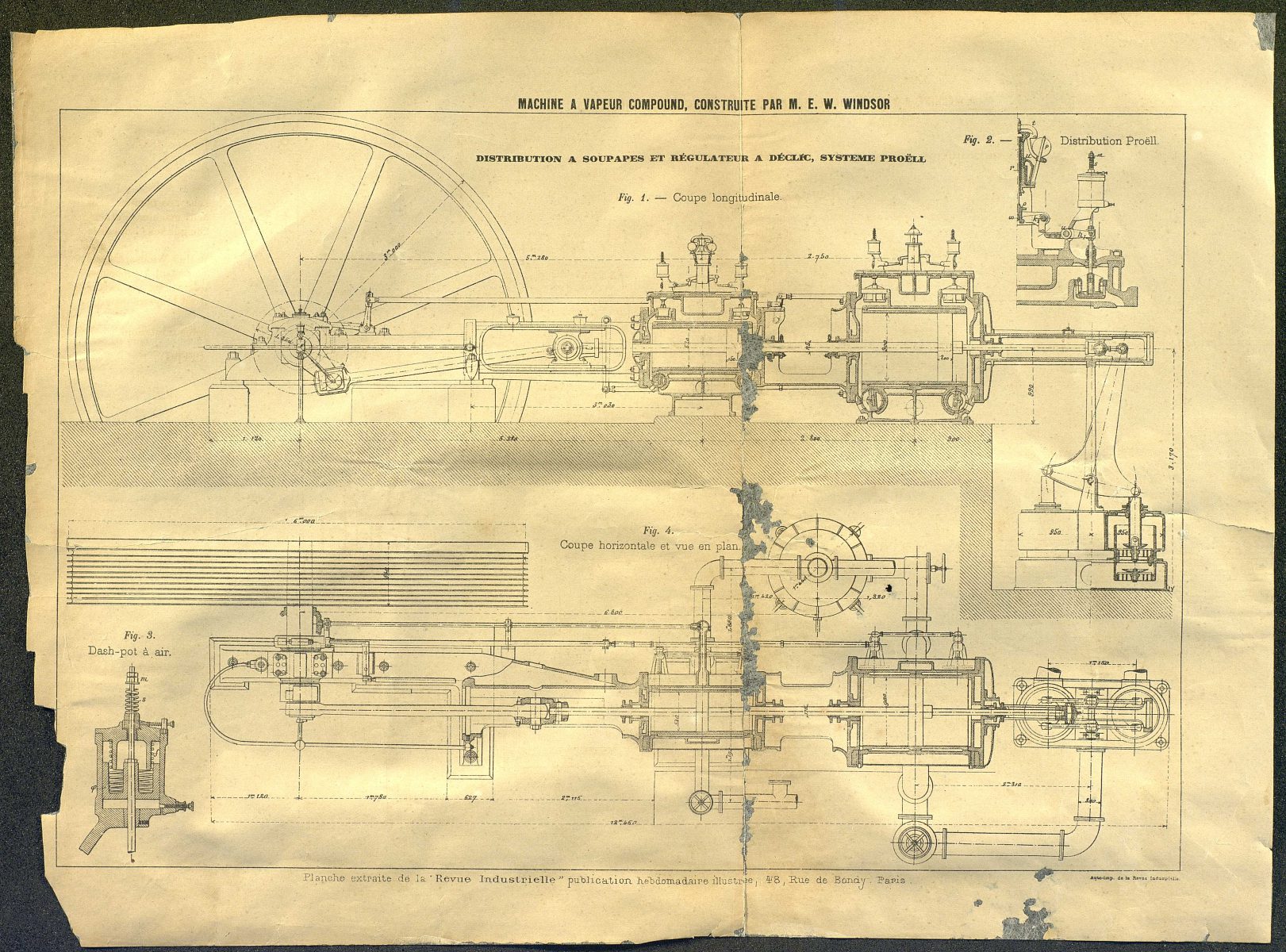 Machine à vapeur compound construite par M. E. Windsor (ingénieur-constructeur anglais à Rouen), planche extraite de la « Revue industrielle », réalisée lors de l’Exposition universelle de 1889